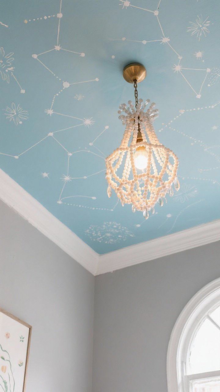 Upward-angled detail of a playful “fifth wall” ceiling: pale blue painted ceiling with delicate stencil constellations and a sculptural beaded chandelier as a statement fixture; keep the visible top of the walls calm in soft gray with minimal art so the ceiling remains the star; warm ambient glow from the fixture enhances the dreamy mood.