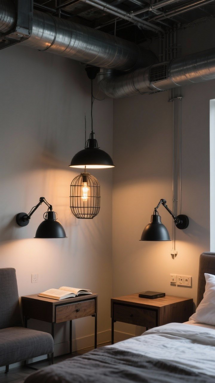 Wide angle bedroom corner lit like a modern factory: two warehouse pendants hanging over bedside tables, articulated matte-black sconces mounted for reading, and a caged metal lamp with warm Edison-style LEDs (2700–3000K) creating a moody ambient glow; include dimmer-controlled ambiance around 70% brightness with layered light sources.