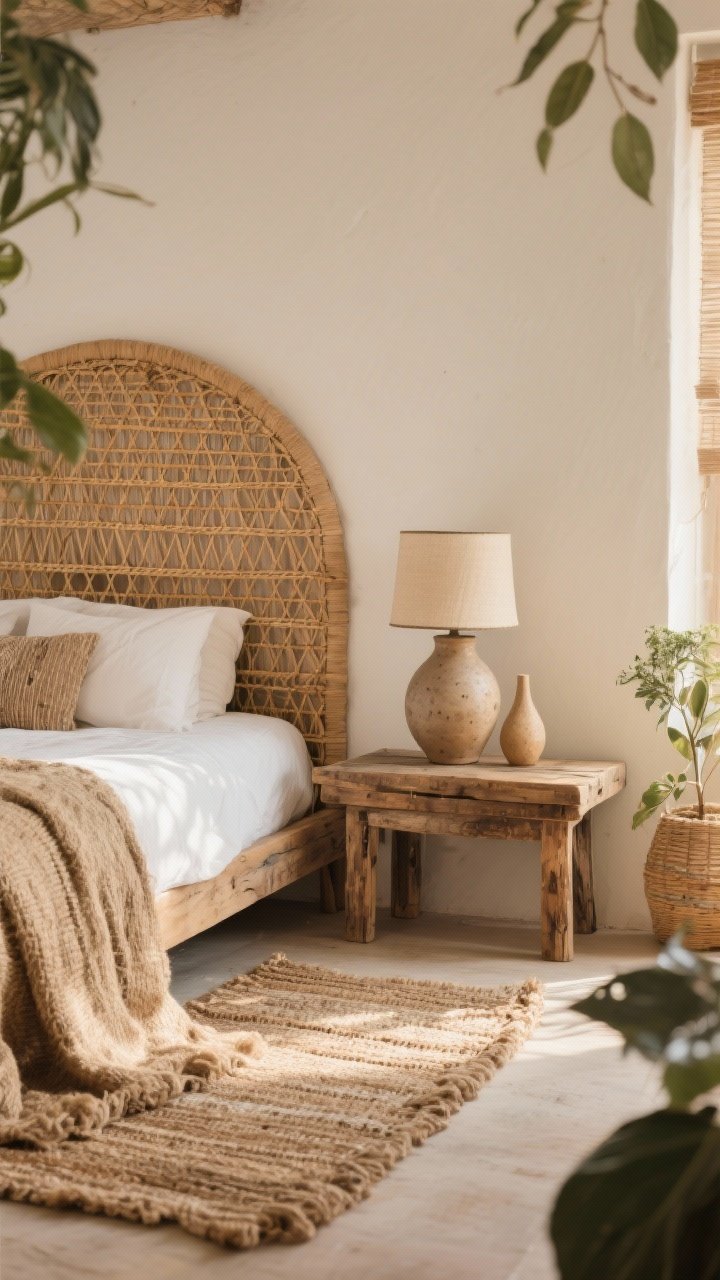 Wide angle of a boho bedroom corner showcasing natural materials: rattan headboard, jute and sisal layered rug, reclaimed wood nightstand and bench, ceramic lamp and organic-shaped vases; warm tones, slightly aged finishes; soft morning light highlighting grain and weave; plants minimal to keep focus on materials; photorealistic.