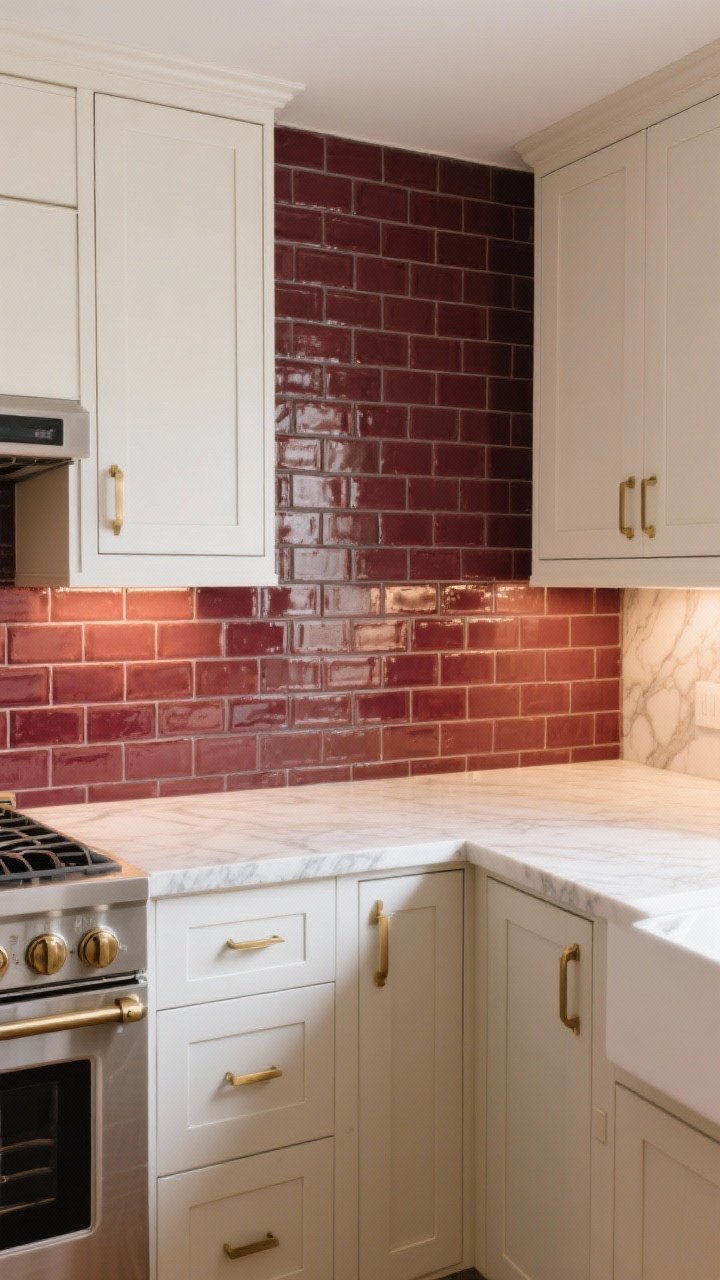 Wide angle of a kitchen showcasing a rich burgundy handmade-look subway tile backsplash with subtle texture and shine; soft gray grout to avoid harsh lines; paired with light, subtly veined countertops and white/ivory cabinetry; understated brushed brass accents; warm ambient lighting that makes the backsplash glow while keeping the space balanced.