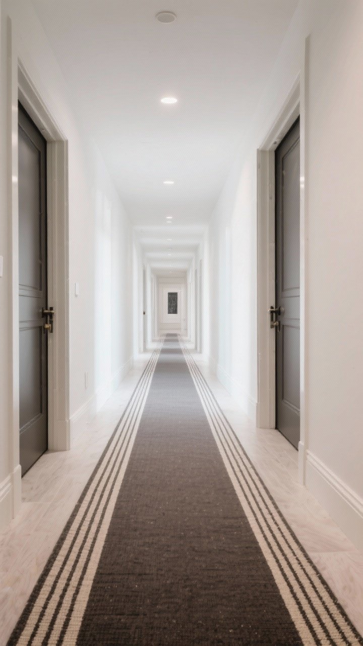 Wide architectural shot: A generous hallway with an oversized runner that leaves 3–5 inches of floor showing on each long side and stops 3–8 inches before the door swing. Alternatively, depict two identical runners separated by a strip of floor in an elongated corridor. Clear, bright lighting emphasizes intentional scale and an anchored look.