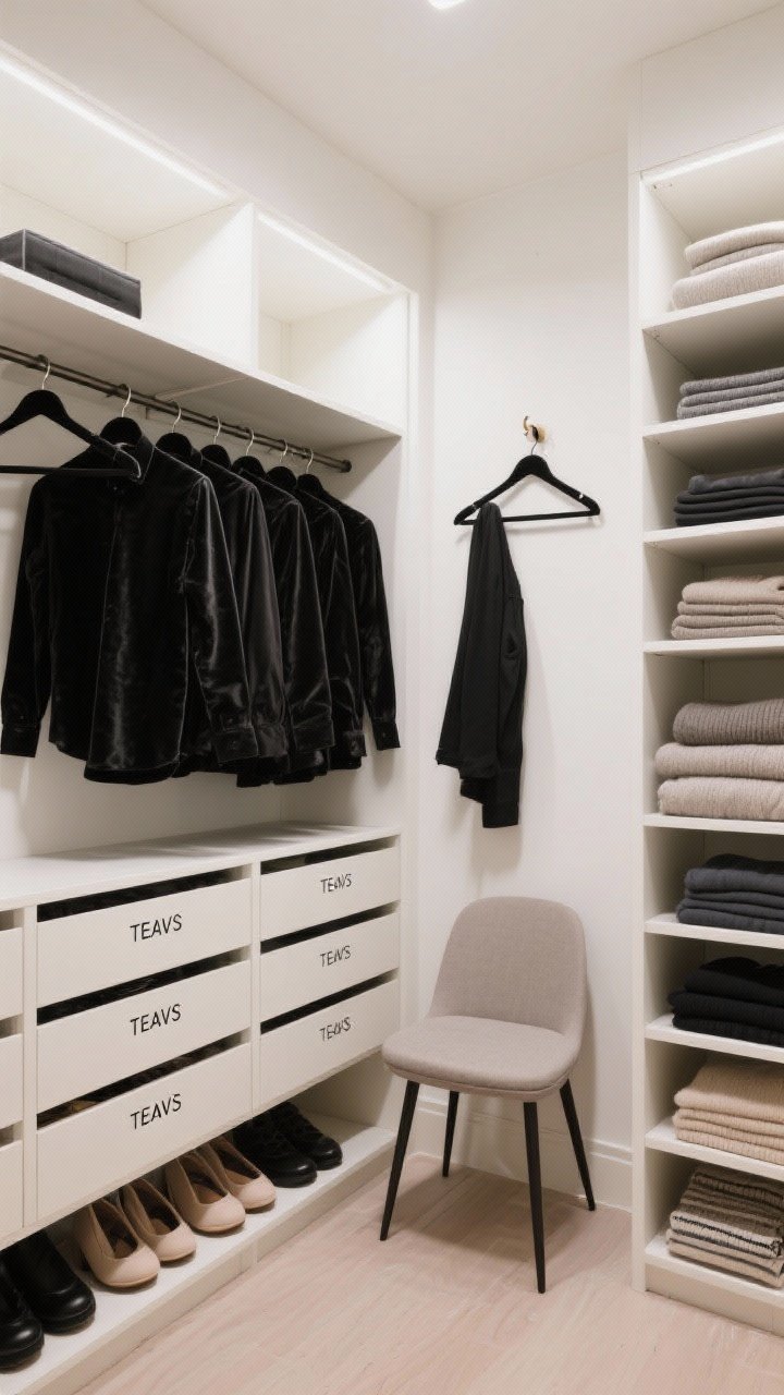 Wide closet interior shot: Organized wardrobe system with matching black velvet hangers for shirts, drawers labeled for tees, open shelves neatly stacked with folded sweaters, and a lower shoe section. A wall-mounted valet hook holds tomorrow’s outfit, keeping chair piles at bay. Bright, even lighting for clarity.