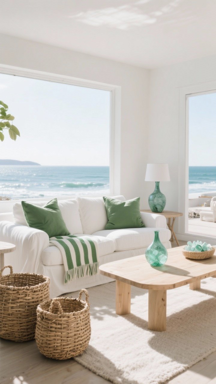 Wide coastal-modern scene: white slipcovered sofa, sea-glass green throw pillows and vases, light wood coffee table, woven baskets, and a green-and-white striped throw; sunlit, breezy atmosphere with natural textures and soft sea greens against crisp whites