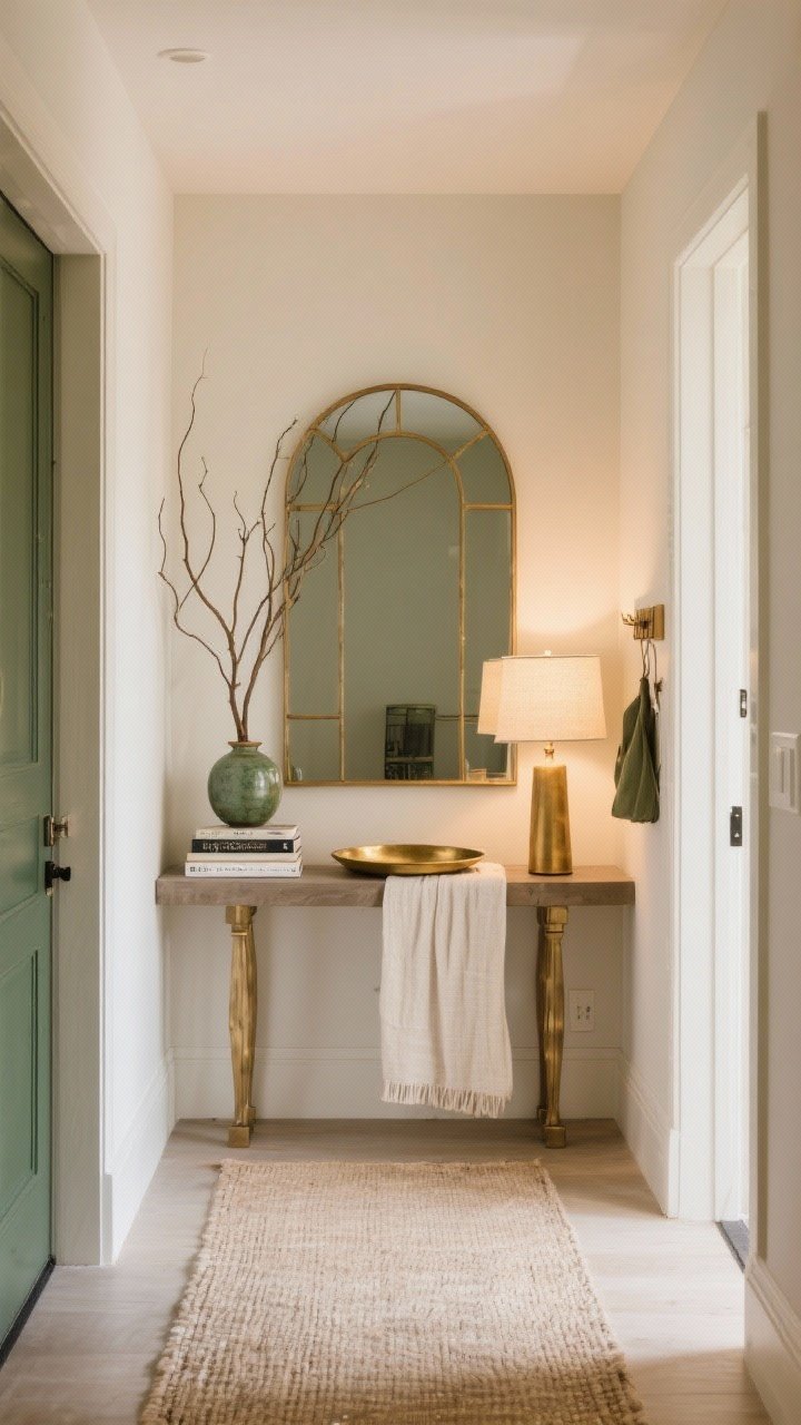 Wide concluding entryway shot synthesizing the look: a focal arched mirror above the console, height from tall branches and a small lamp, layered textures via a brass tray, linen runner, ceramic vase, and stacked books, plus a tidy drop zone element; soft warm lighting, cohesive neutral palette with hints of green and brass, inviting and polished atmosphere