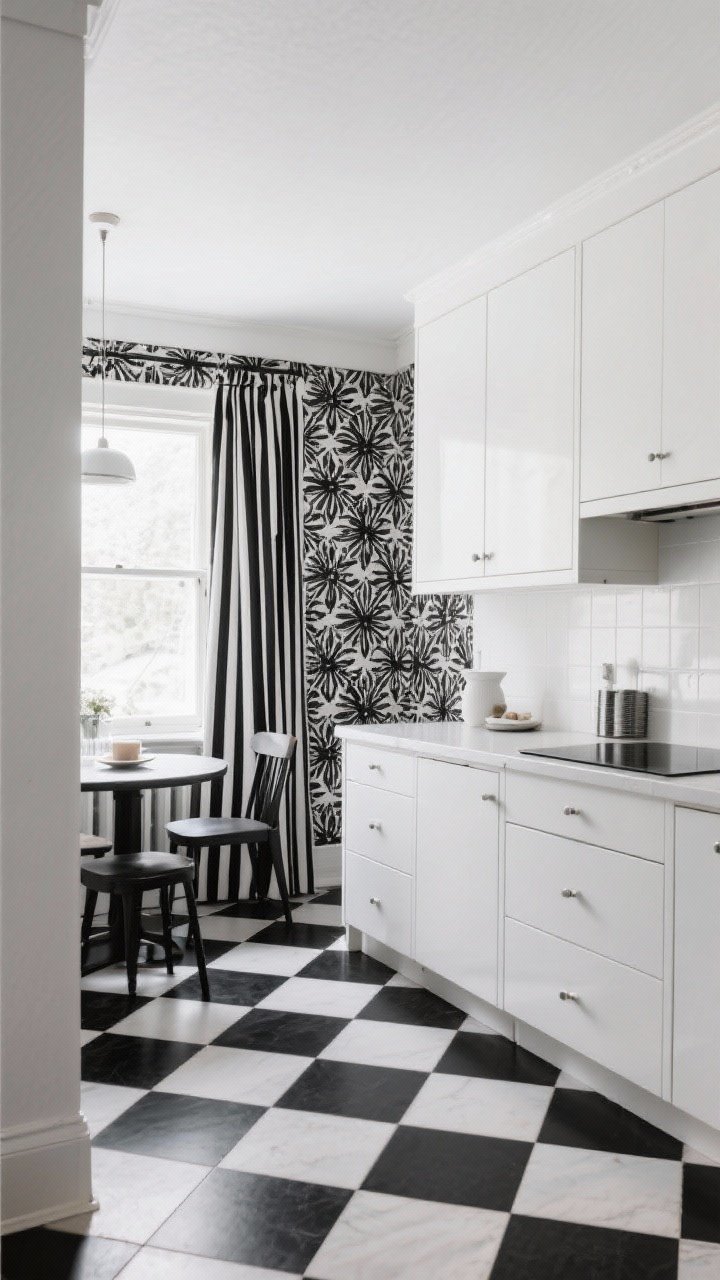 Wide corner angle: A black-and-white kitchen with a diagonal checkerboard floor, calm flat-front white cabinetry, and a single accent wall in a black-and-white graphic wallpaper near a breakfast nook; pinstripe black-and-white cafe curtains on a window; keep patterns to two or three, balanced with minimal accessories; bright yet soft daylight.
