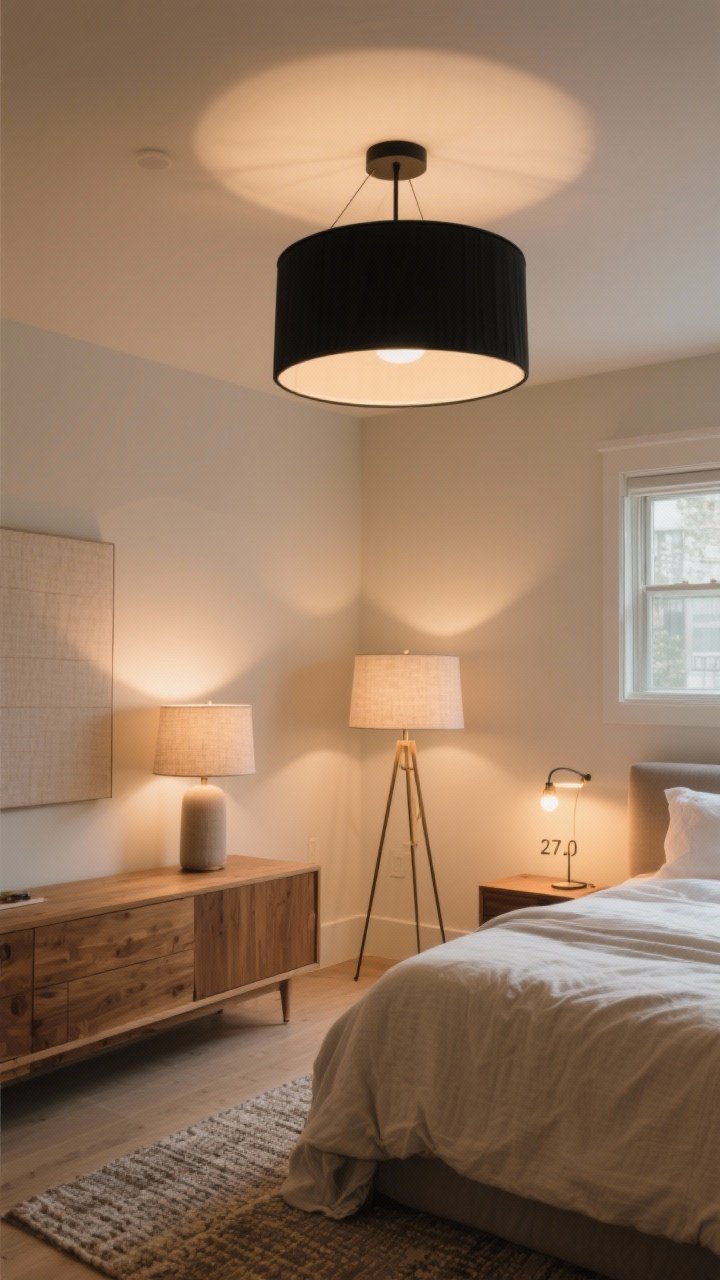 Wide corner angle capturing balanced, cozy lighting layers: a matte black dimmable ceiling drum fixture, fabric-shaded bedside lamps, and a soft-glow floor lamp for accent; bulbs at 2700K–3000K casting warm, inviting illumination on linen bedding, oak furniture, and textured rug; no harsh overhead glare, just layered ambient, task, and accent light.
