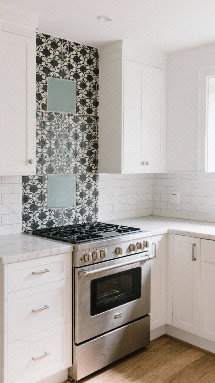 Wide corner angle showcasing a patterned cement (encaustic) tile backsplash in a tight palette: black, white, and one muted accent color. Use the pattern as a feature panel behind the range with simple white tile elsewhere. White cabinets, sealed surface sheen, light countertops. Playful, custom personality; bright, natural light; photorealistic.