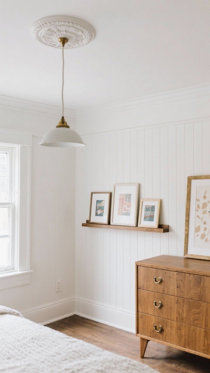Wide corner shot adding architectural charm for renters: one accent wall with peel-and-stick beadboard-look wallpaper in soft white, a picture ledge displaying layered art and leaning frames, and a simple pendant with a ceiling medallion; aged brass hardware on a dresser; daylight enhancing texture; balanced, rental-friendly styling; no people.