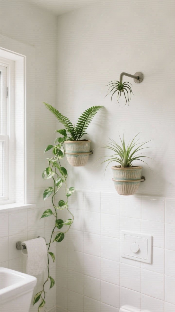 Wide corner view of a small bathroom with wall-mounted greenery: ceramic wall planters holding a trailing pothos and a fern, plus a slim bracket with a spider plant; soft natural light, steam-friendly vibe, white tile backdrop, one low-maintenance air plant in a wall pod, fresh oasis mood without visual clutter