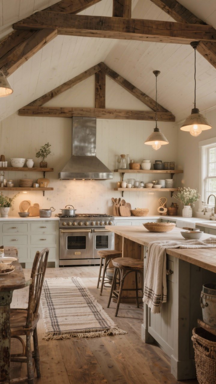Wide, cozy concluding scene of the whole farmhouse kitchen capturing the lived-in mood: soft neutral base, layered wood and mixed metals, a hint of vintage pieces with patina, cozy textiles like a runner and towels, open shelving with curated everyday items, and warm ambient lighting that invites people to gather—no people present, photorealistic and warmly lit.