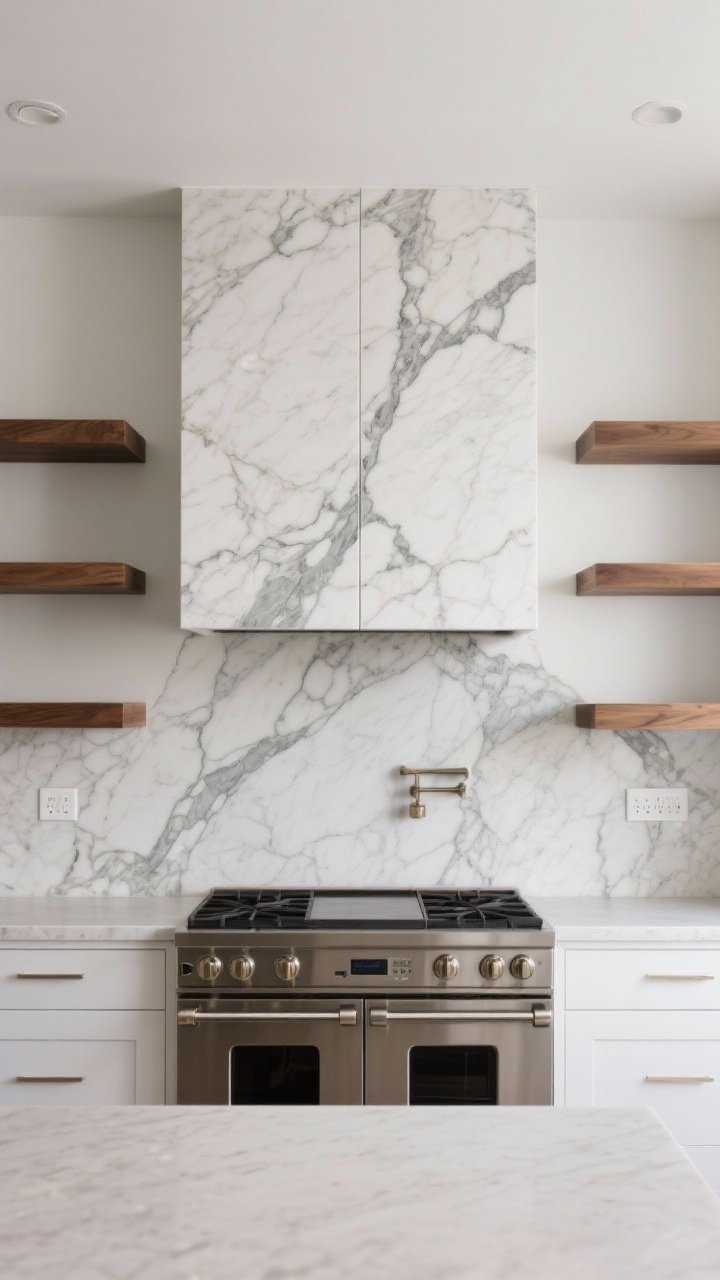 Wide, dramatic straight-on shot of a full-height marble slab backsplash behind a range, extending to the ceiling and behind open wood shelves. Prominent high veining in Calacatta-style marble; bookmatched seam at center for mirrored patterns. White cabinets, light countertop, discreet outlets. Luxe, quiet drama; crisp, photorealistic lighting.