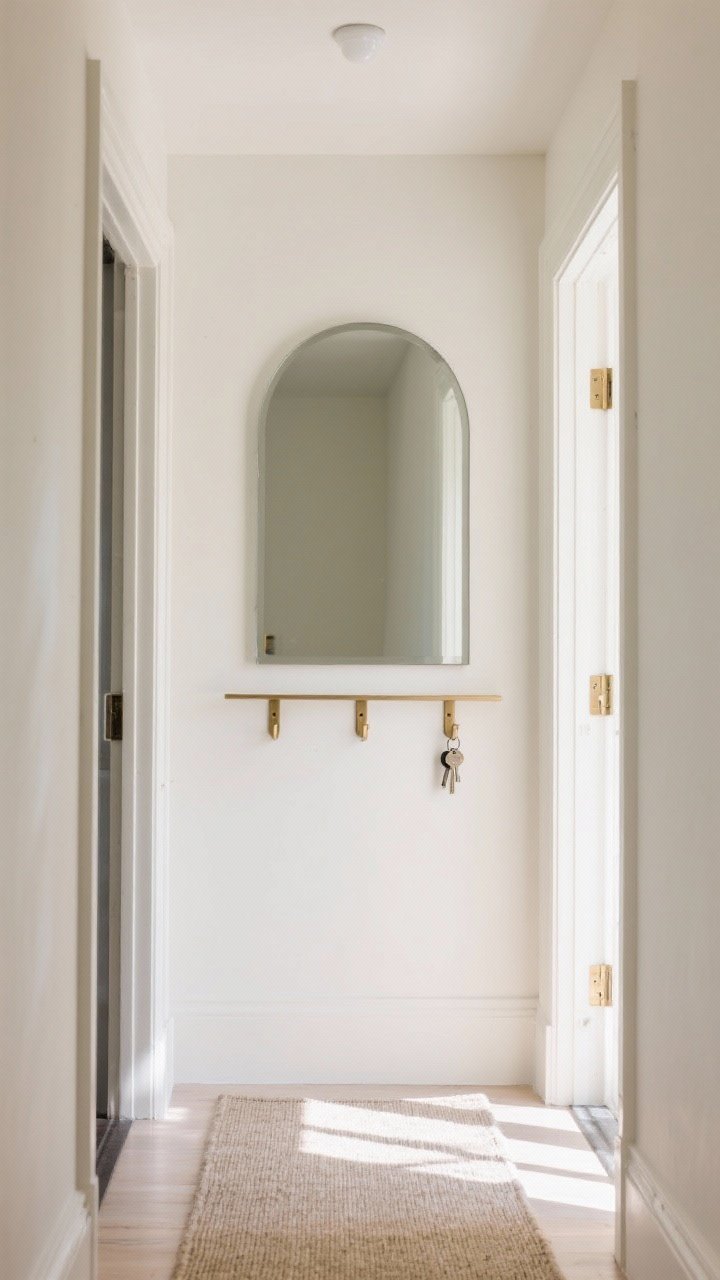 Wide entry shot featuring a tall arch-shaped mirror with built-in brushed brass hooks and a thin ledge below; keys placed front and center on the hooks; bright natural light bouncing to make the small space feel larger; solid mounting hardware subtly visible; pared-back decor with a neutral runner and pale walls; balanced, functional composition.