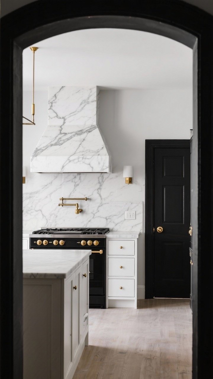 Wide entry view: A black-and-white kitchen with a single bold focal point centered on the sightline—a sculptural white marble range hood with dramatic veining above a black range with brass knobs; supporting elements remain quiet: flat-front white cabinets, subtle brass sconce, and a painted black interior door with a vintage brass knob; warm, editorial lighting for emphasis.