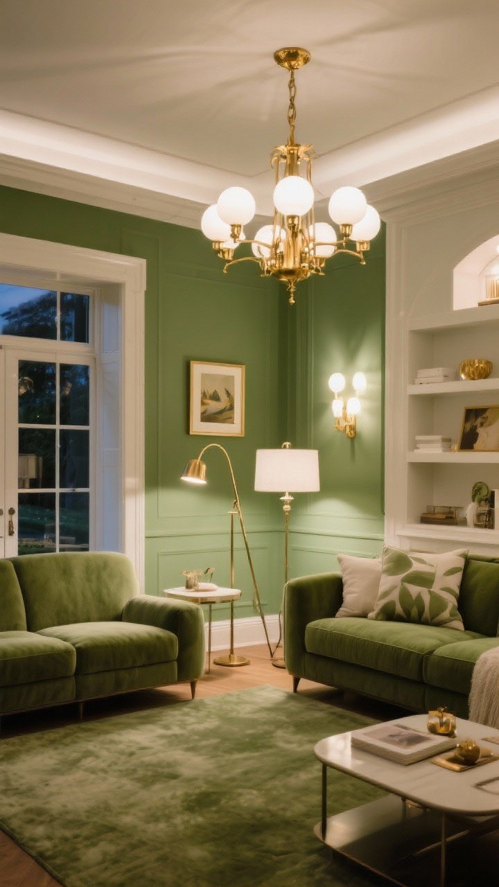 Wide evening shot emphasizing layered luxe lighting in a green-and-white living room: warm brass chandelier (ambient), an arc floor lamp for task lighting near the sofa, and a picture light illuminating art or built-ins; warm white bulbs at 2700–3000K casting flattering, cozy tones over greens and whites