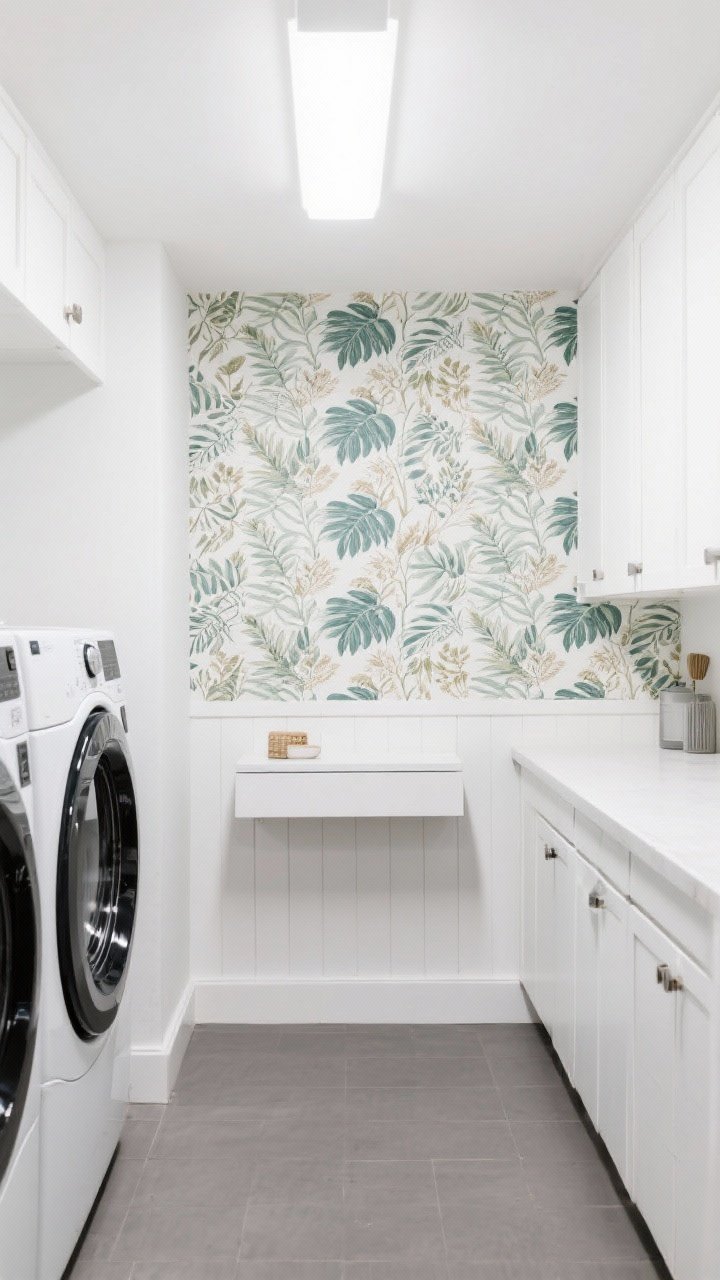 Wide feature-wall view of a laundry room showcasing peel-and-stick wallpaper in a medium-scale botanical print on one wall, the remaining walls white; wipeable, semi-matte vinyl finish visible in close detail; white appliances, a slim console, and minimal accessories to keep it from feeling busy; bright even lighting to emphasize pattern and color pop.