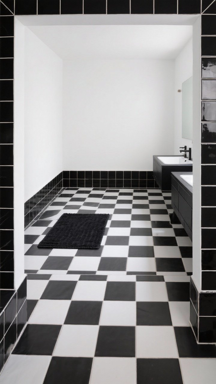 Wide floor-focused shot: Black-and-white checkerboard tiles in large scale laid on the diagonal, bordered by a solid black tile frame around the room; matte finish porcelain to reduce glare; simple black bath mat breaking up the grid; white walls and a minimal black vanity letting the floor lead; overhead angle slightly tilted to dramatize the diagonal pattern.