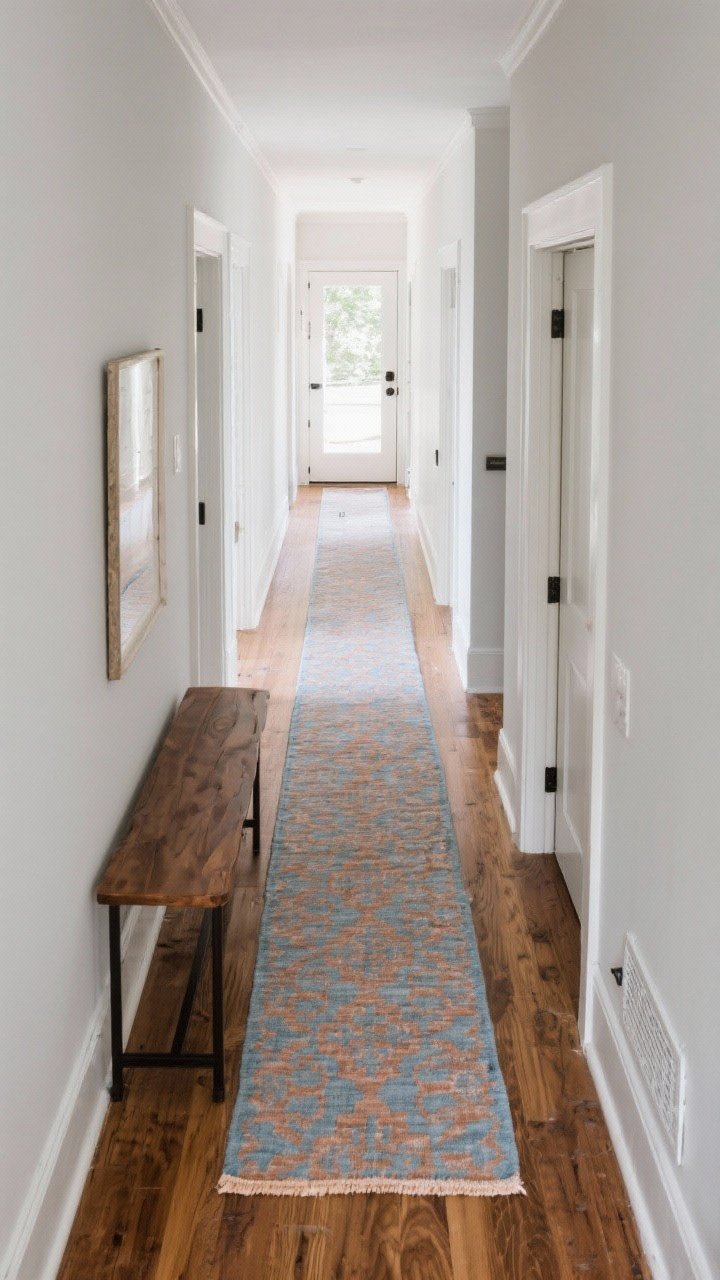 Wide hallway shot, overhead perspective down a long, narrow entry with a runner: a patterned runner (muted terracotta and blue) centered with 3–5 inches of wood floor showing on each side; console table and bench visually anchored by the runner; ensure the runner stops short of door thresholds and vents; natural light from the far end guides the eye, creating a subtle “pathway” feel; no clutter, crisp lines.