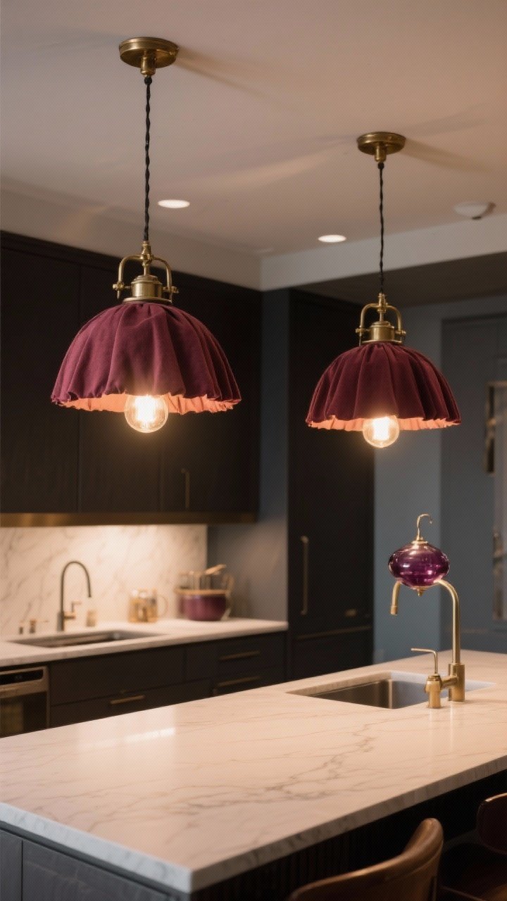 Wide island view featuring two fabric pendants with soft burgundy shades and brushed brass hardware hanging symmetrically; warm 2700–3000K bulbs casting flattering light on surrounding surfaces; optional secondary glass pendant with a subtle wine tint over a prep zone; overall moody but inviting atmosphere.