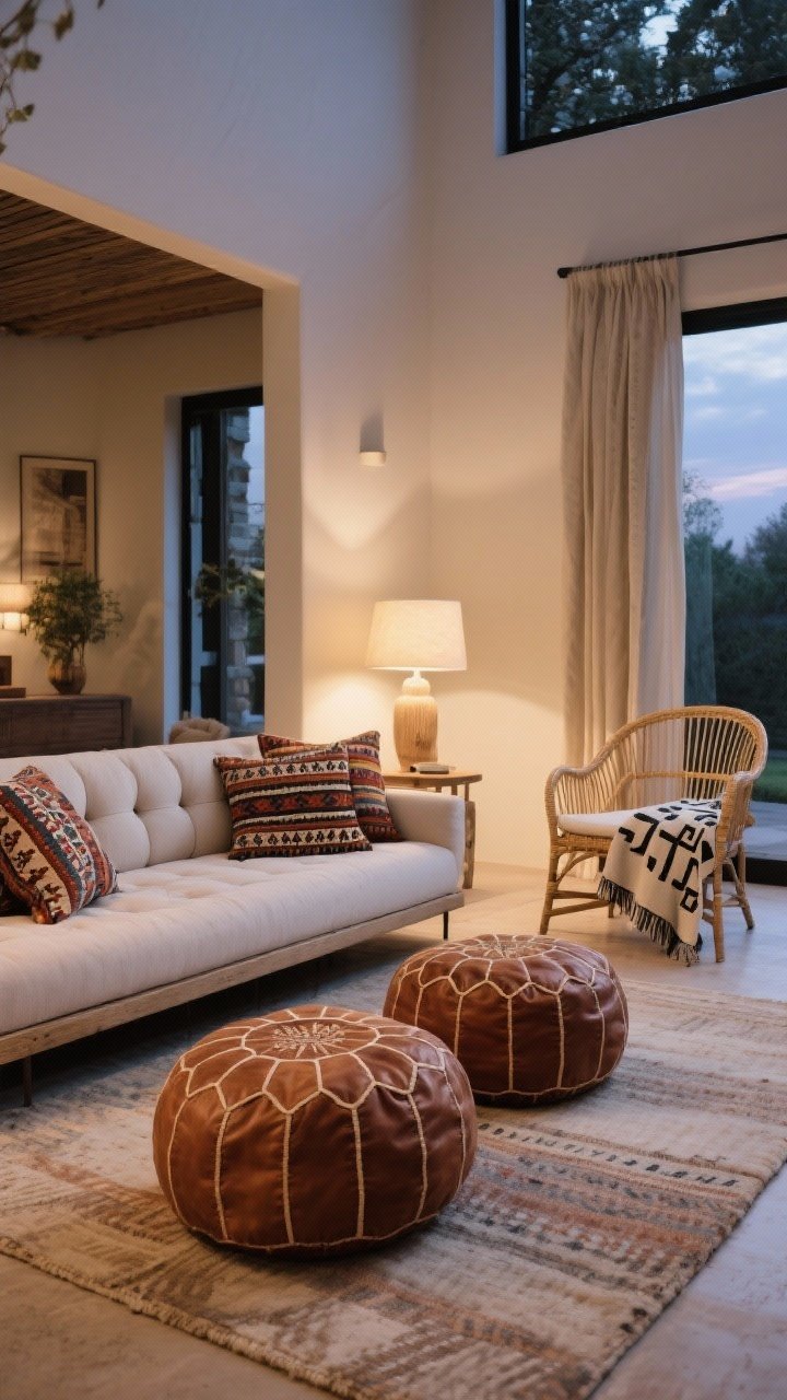 Wide living room shot with a low, loungey seating zone: a low-slung sofa, two oversized tufted floor cushions in kilim fabric, and a pair of caramel leather Moroccan poufs; an airy rattan armless chair to the side; a lightweight block-printed throw draped casually; relaxed, evening ambient light for a hangout-ready feel.