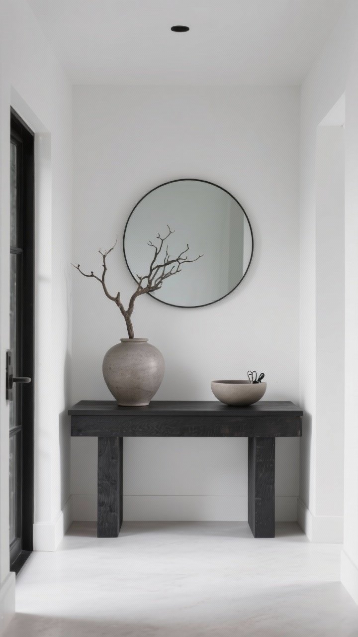 Wide minimalist entry composition: a black-or charcoal-stained console with one oversized stoneware vase holding a single sculptural branch, one smooth sculptural bowl for keys, and a large simple round mirror as the anchor; tight grayscale/neutral palette, lots of whitespace, crisp morning light, clean lines