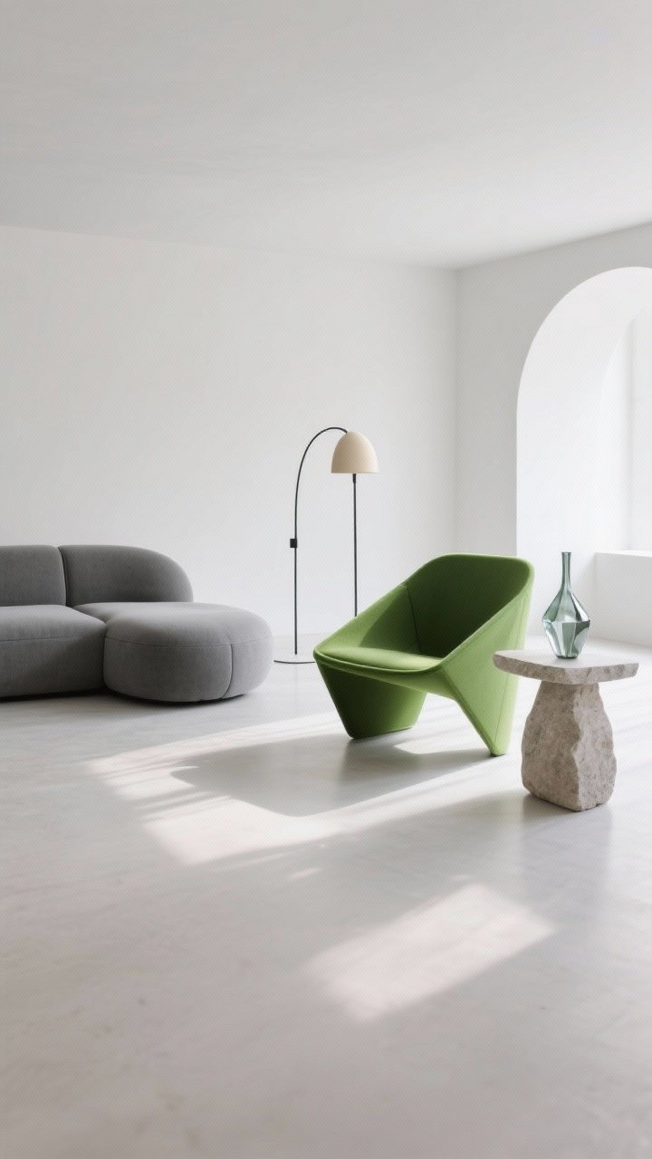 Wide minimalist shot: Sculptural furniture composition—low grey sofa with a gentle curve, a bold angular green lounge chair as the hero piece, and a simple stone side table. Add an arched floor lamp and a single faceted vase. Lots of negative space, clean lines, and uncluttered floor. Bright, even daylight. Mood: minimal, sculptural, serene.