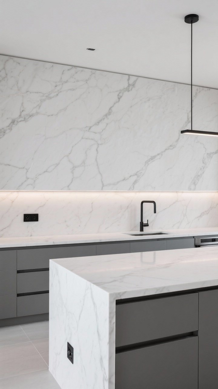 Wide, minimalist straight-on shot of a full-height quartz slab backsplash that matches the countertop, with subtle soft veining. Waterfall edge on the island visible in foreground. Minimal visible outlets (use under-cabinet lighting strips), paired with matte black fixtures and powder-coated pulls. Seamless, modern minimalism; even, airy lighting; photorealistic.