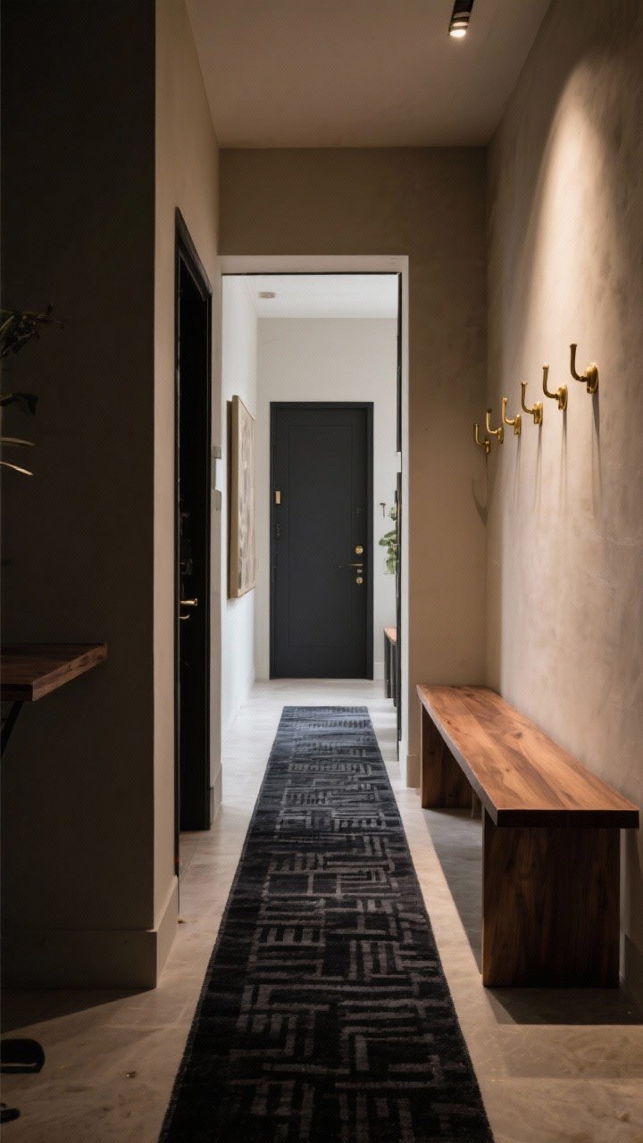 Wide moody shot: A dramatic entryway with light, warm-toned walls contrasted by a deep charcoal runner with a low-contrast pattern. Add brass wall hooks and a warm wood bench to soften the look. Low, directional lighting enhances the subtle texture of the rug and the designer contrast of dark runner against airy surroundings.