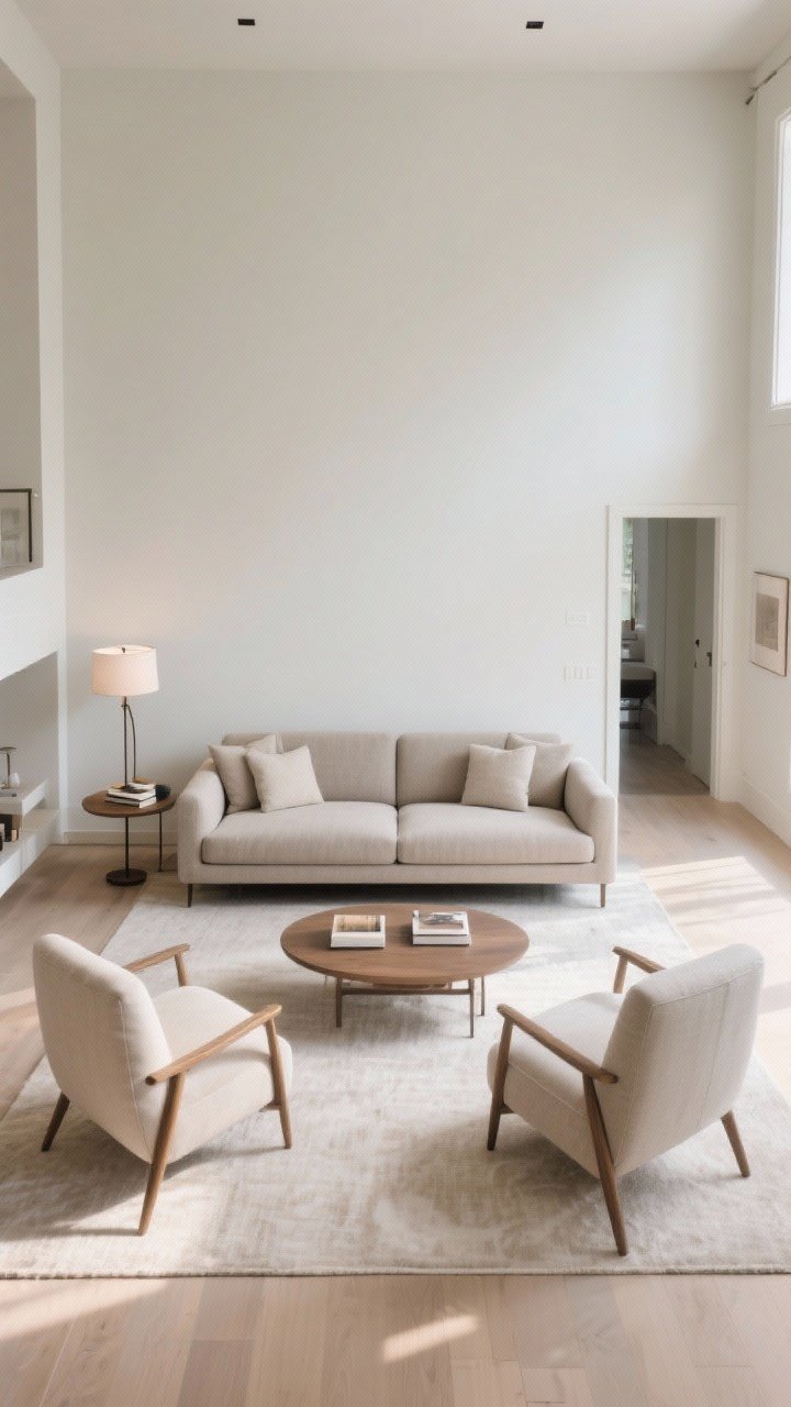 Wide overhead-ish angle: Conversation-friendly layout—sofa floated 10 inches off the wall, two lighter lounge chairs opposite to balance a hefty sofa, with 16–18 inches between the coffee table and sofa. Defined zones: main seating group, a small reading corner with a floor lamp, and a subtle entry moment. Clear pathways, bright and inviting.
