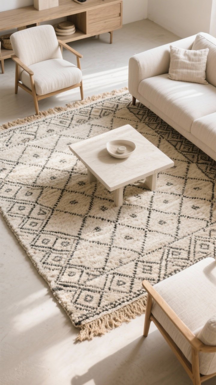 Wide overhead shot of a cozy oversized rug anchoring the seating area: wool-jute blend rug with a low-contrast Moroccan-inspired micro-geometric pattern extending beneath the front legs of sofa and chairs; neutral linen sofa, pale armchairs, and a simple coffee table; soft midday light emphasizing texture; durable, inviting mood.