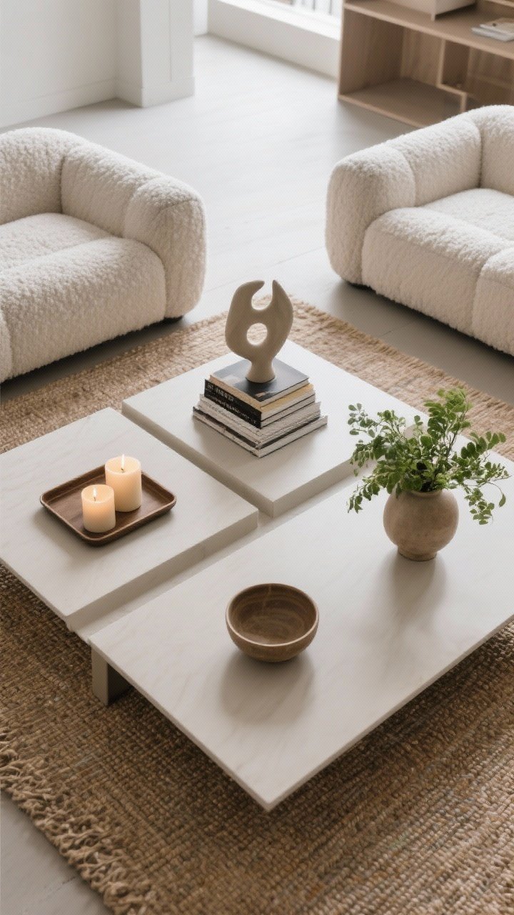 Wide overhead shot of a large rectangular coffee table divided into three zones: Zone 1—a tray with candles and a bowl; Zone 2—a book stack topped with a sculptural object; Zone 3—greenery in a low vase. Clear spacing between zones; neutral modern living room context with a boucle sofa and jute rug.