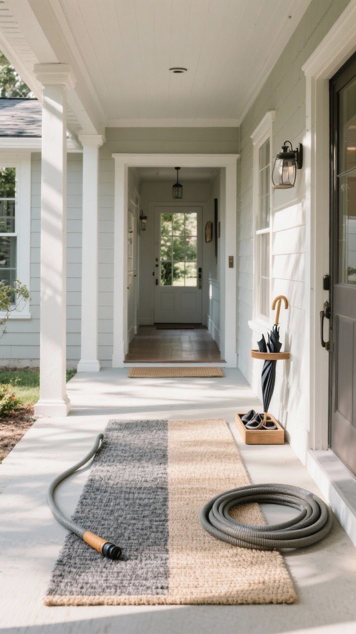 Wide porch-to-foyer view showing a chill indoor/outdoor setup: a polypropylene or PET rug bridging a covered porch into the entry, with subtle heathered texture in slate and sand; a hose coiled nearby implies easy cleaning; sunlight filtering across the porch, fade-resistant color intact; minimal furnishings—a shoe tray and umbrella stand—highlight durability and scrub-ability.