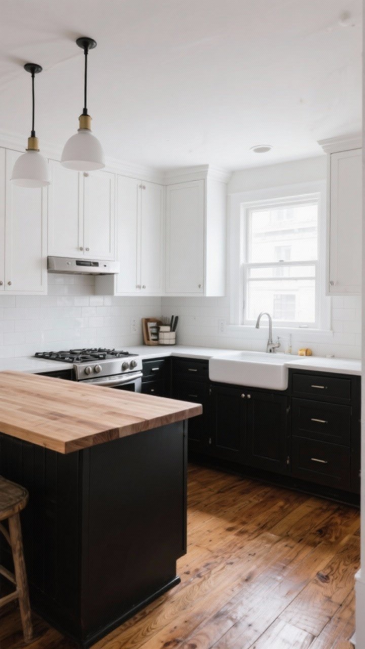 Wide room shot: A small black-and-white kitchen with white upper Shaker cabinets and matte black flat-front lower cabinets, white walls, warm oak wood floors, and a butcher block countertop on the island; balanced natural daylight from a window; subtle stainless appliances; focus on high-contrast cabinetry with a cozy, warm mood.