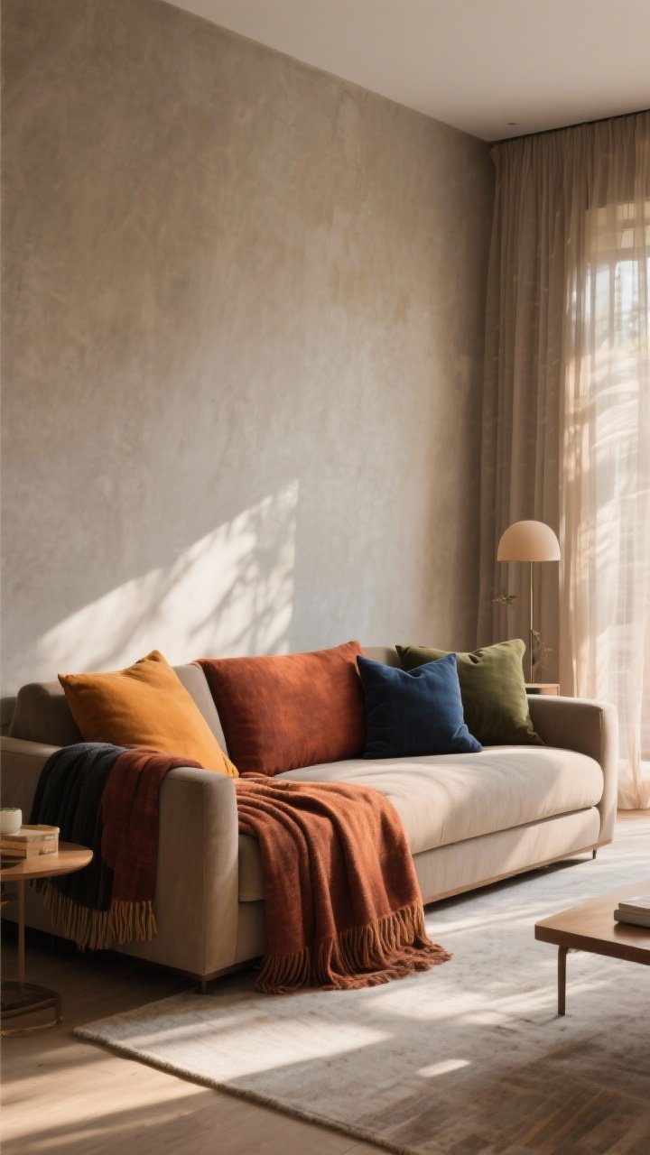 Wide room shot emphasizing earthy, sun-washed colors: walls in warm greige, textiles layered in ochre, rust, and olive on the sofa, with deep indigo and charcoal accents in a throw and cushion; sun-washed afternoon light through sheer curtains enhances the grounded, warm palette without harsh shadows.