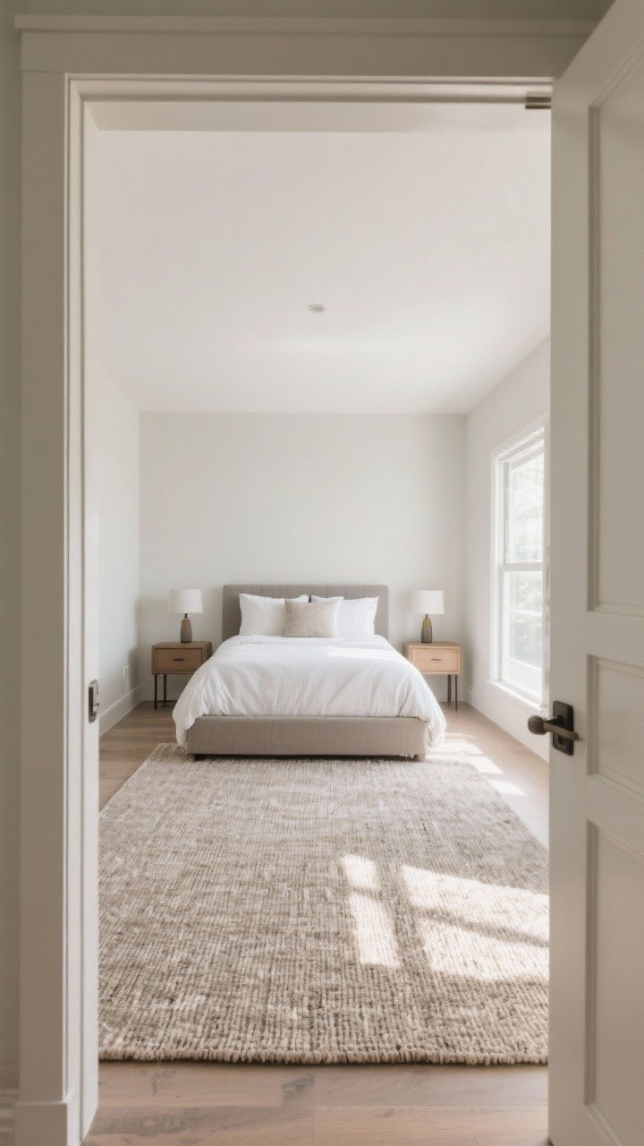 Wide room shot from the doorway: Large area rug anchoring the space—textured neutral rug extending 18–24 inches beyond both sides of a queen bed (8x10). Bed centered with nightstands, a rug pad keeping everything in place. Low-pile weave for easy maintenance; soft daylight fills the room.