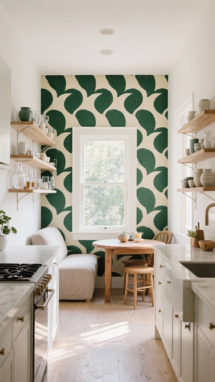 Wide room shot of a bright kitchen with one bold statement wallpaper wall behind open shelving and a cozy breakfast nook; the other walls are neutral white. The statement wall features a large-scale, high-contrast pattern in deep green and cream. Open shelves display simple ceramics and glassware; a small dining nook with a wood table is framed by the pattern like art. Scene is shot straight-on with soft morning light from a window opposite the statement wall, creating gentle reflections and brightness. No people, photorealistic.