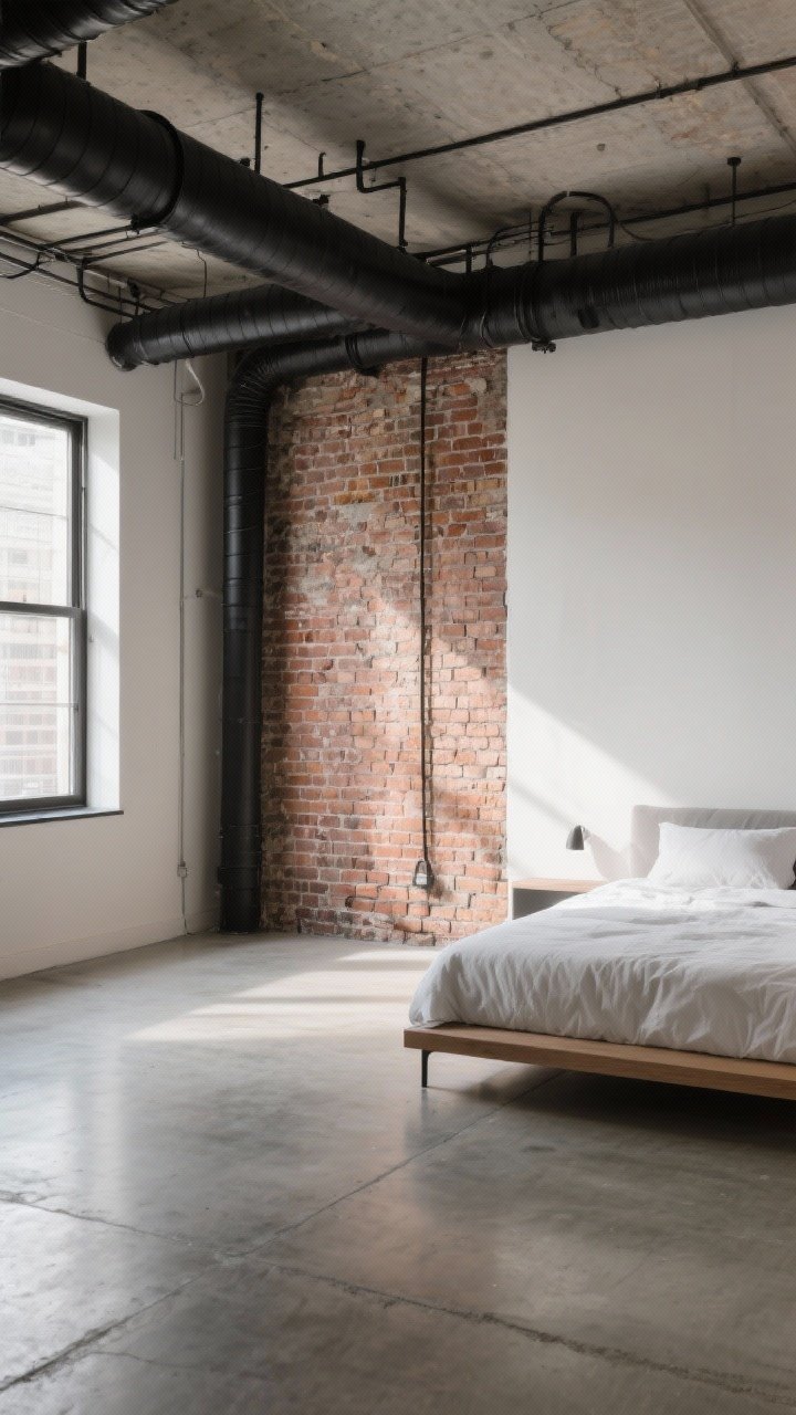 Wide room shot of an industrial bedroom showcasing a single exposed brick feature wall with visible matte-black-painted ductwork and pipes, the remaining walls smooth and simple; include a concrete floor or concrete-look accent, soft natural morning light filtering in to reveal brick texture; keep decor minimal to emphasize the raw materials and one power wall of texture.