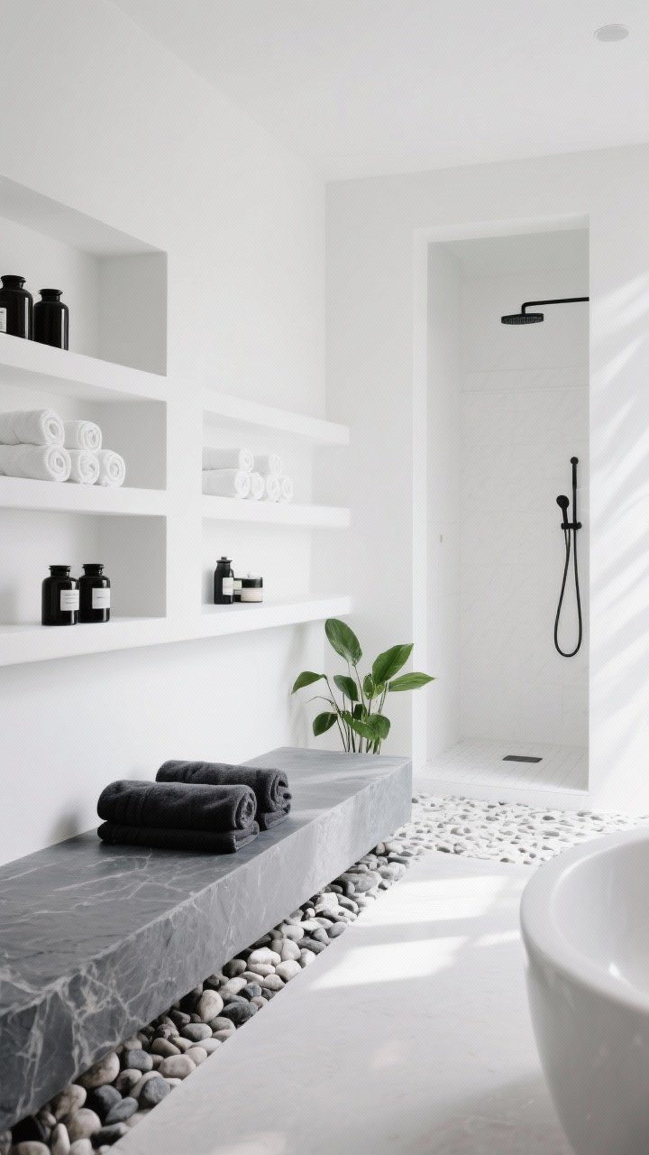 Wide serene scene: Spa-like monochrome—white walls, soft black accents via charcoal towels and deep gray honed stone bench; loads of white space with open shelving holding rolled white towels and black apothecary jars; pebble shower floor visible, a few green plants for life; diffused daylight creating calm, soft shadows; straight-on, airy composition.