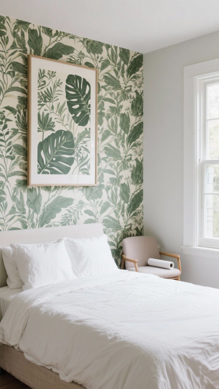 Wide shot: A bedroom with a single wallpaper feature panel framed like art behind the bed—large-scale botanical pattern in muted forest green and cream—while remaining walls are plain. Simple white bedding balances the bold panel; peel-and-stick roll visible on a side chair, natural window light illuminating the print without glare.