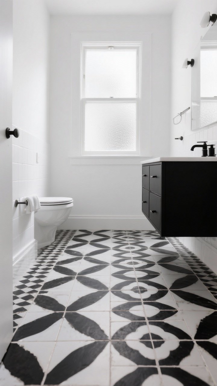 Wide shot: A black-and-white bathroom featuring a bold graphic tile floor as the focal point—choose a geometric encaustic-style pattern in high contrast; solid white walls, a matte black vanity with simple hardware, and minimal decor to balance the loud floor; matte dark grout with white tile sections for sharp definition; soft, even daylight from a frosted window; straight-on view that showcases the patterned floor leading to the vanity.