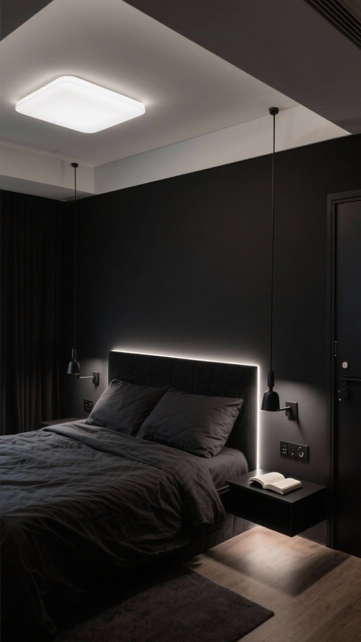 Wide shot: A black bedroom lit in layers like a movie set—ambient light from a soft white flush-mount ceiling fixture with 2700K bulbs; task lighting via adjustable black sconces for reading; a subtle LED strip creating a halo behind the headboard and under a floating shelf; wall dimmers visible near the door; moody yet evenly illuminated.