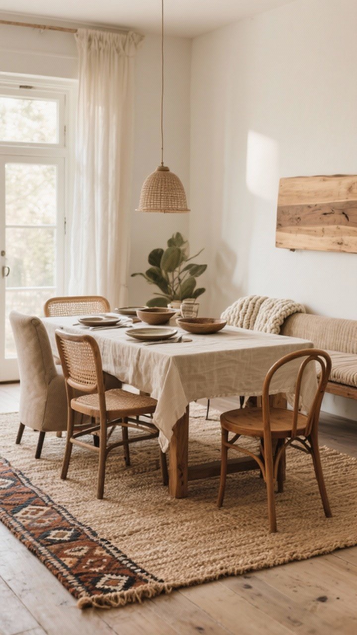 Wide shot: A boho dining room showcasing layered textures—flat-weave jute rug under a wood dining table, a kilim runner nearby, mixed seating with a caned chair, an upholstered chair, and a bentwood chair, linen tablecloth and napkins, ceramic plates, and a raw wood serving board; a chunky knit throw draped over a bench. Neutral, warm palette with intentional mismatching; soft natural daylight filtering in to highlight the varied textures.