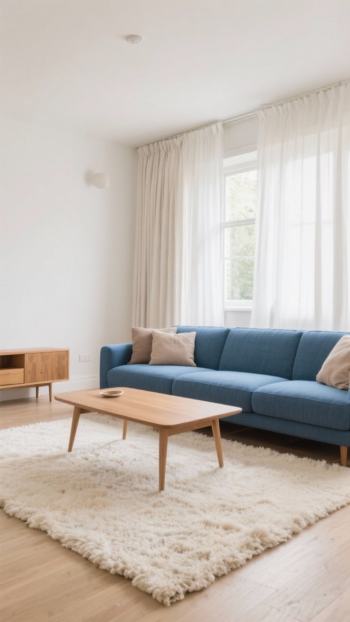 Wide shot: A bright living room anchored by a blue couch against creamy white walls, a large cream wool rug underfoot, an oak coffee table with simple styling, and off-white linen curtains filtering daylight; soft taupe accents and warm oak finishes create a cozy, balanced mood, photorealistic, no people.