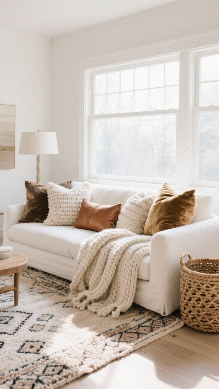 Wide shot: A bright living room featuring a white couch styled with layered textures—chunky knit throw, soft linen throw, velvet and boucle pillows in varied sizes (22-inch corners, 20-inch fronts, a leather lumbar in the middle)—set on a nubby Moroccan-style wool rug; add a braided jute basket beside the sofa; natural daylight from a large window highlights the tactile surfaces; calm, curated mood with neutral tones and subtle shadows.