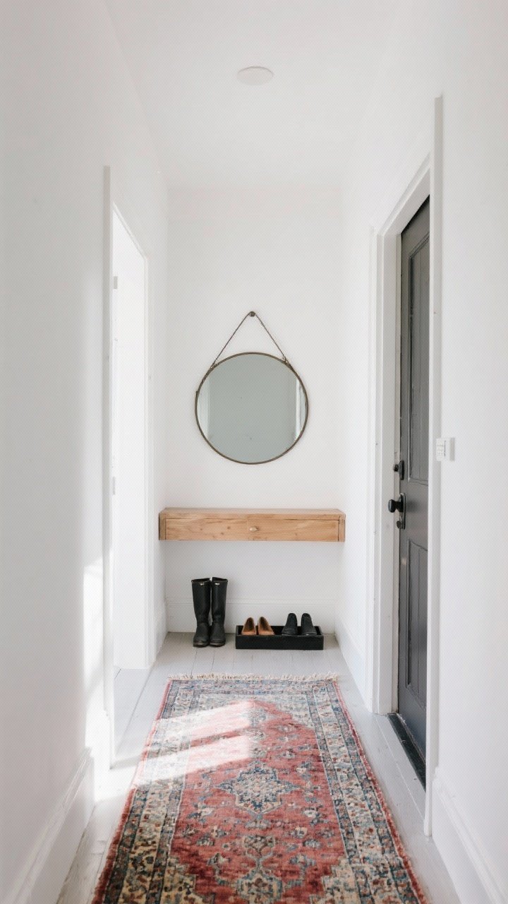 Wide shot: A bright, minimal entryway with white walls, a clean-lined wood console, and a metal-framed round mirror above it; a vintage or vintage-style muted Persian runner in desaturated reds and blues stretches down the hallway. Include a slim black boot tray placed nearby for wet shoes and soft natural morning light. Emphasize the worn-in patina and intricate motifs that camouflage dust, balancing old and new.