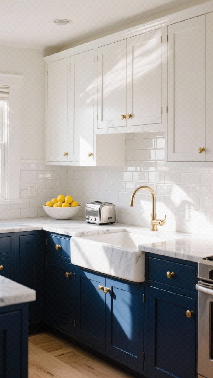 Wide shot: A coastal-chic kitchen with inky navy lower cabinets and crisp warm-white upper cabinets, brass pulls, polished nickel faucet, and marble or white quartz countertops; straight-on view of a sunlit wall run, glossy white subway backsplash, navy base cabinets anchoring the space, white uppers bouncing light, styled with a bowl of lemons and a chrome toaster; soft warm ambient lighting to avoid stark blue shift.