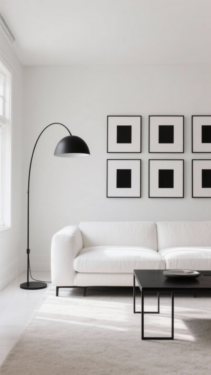 Wide shot: A crisp, modern living room where a white couch pops against strategic black accents—matte black arched floor lamp, black metal coffee table, and a gallery wall of black frames with white mats; keep black to 10–20% of the scene; clean lines, light neutral walls, and bright daylight balance the drama; minimalist styling for a chic, structured look.