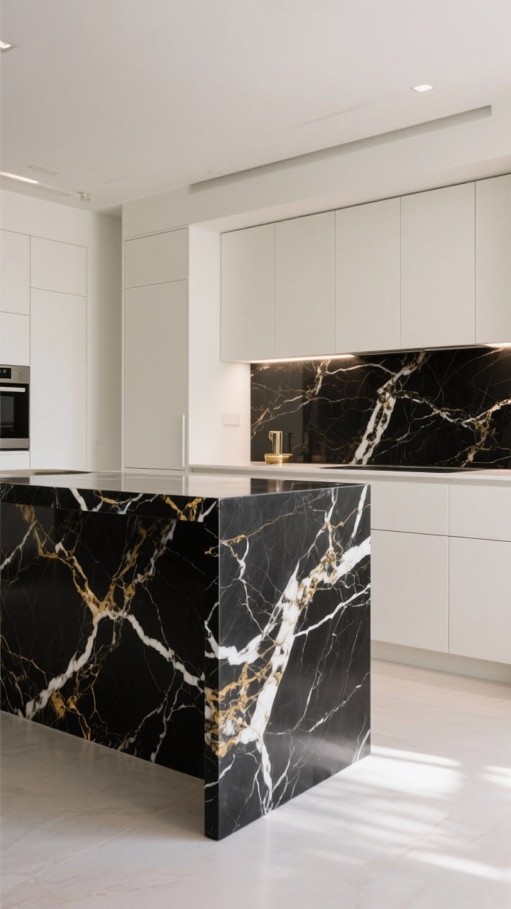Wide shot: A dramatic kitchen island clad in black marble with bold white and gold veining, finished with a waterfall edge that showcases the veining; surrounding simple, neutral cabinets (soft white) kept streamlined so the marble is the focal point; bright yet diffused lighting highlights the movement in the stone; photorealistic, no people.