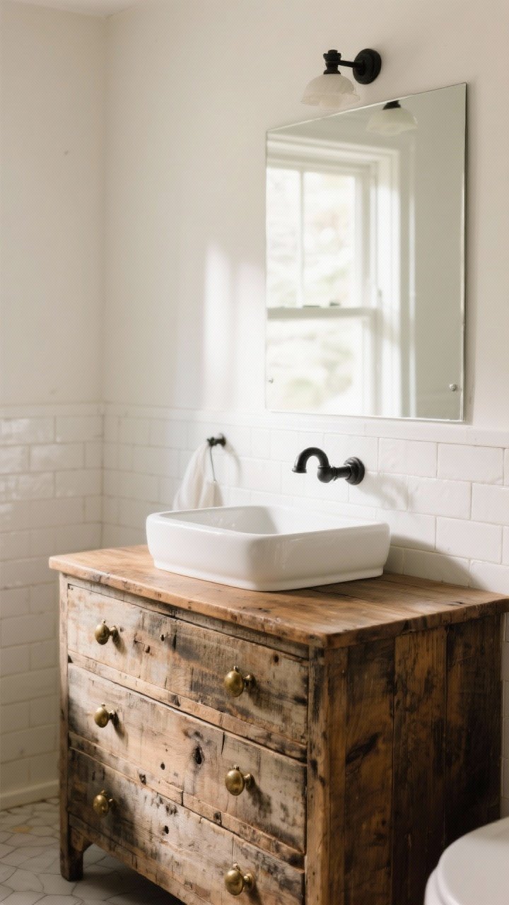 Wide shot: A farmhouse bathroom featuring a salvaged vintage dresser converted into a vanity with a white ceramic vessel sink, weathered reclaimed wood with rich patina, aged brass knobs, and matte black faucet; sealed wood surface with a subtle satin sheen, white walls, and simple tile backdrop. Warm natural morning light, cozy and collected mood, no people.