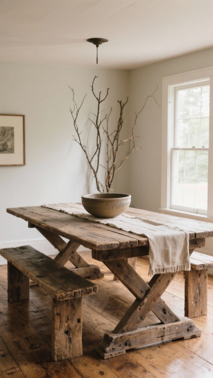 Wide shot: A farmhouse dining room centered on a chunky, solid wood trestle table in reclaimed pine with a matte, timeworn finish; simple styling with a natural linen runner, a large ceramic bowl, and tall foraged branches; neutral walls, warm wood floors, and soft morning natural light filtering in; no other decor stealing focus so the wood grain and distressed edges are the star.