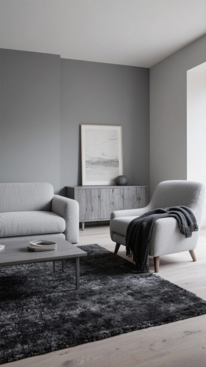Wide shot: A layered grey living room showcasing light and dark greys for dimension—light grey sofa, darker charcoal wool rug, pale grey armchair draped with a charcoal throw. Include a grey-washed wood sideboard for textured storage. Balanced natural light with soft shadows for depth. Mood: polished, tonal contrast.